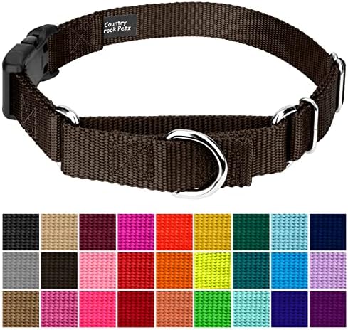 Martingale Dog Collar - Heavy Duty Nylon Adjustable Martingale Dog Collar with Plastic Buckle for Small Medium Large Breeds - 30+ Colors (3/4 Inch, Small, Brown)