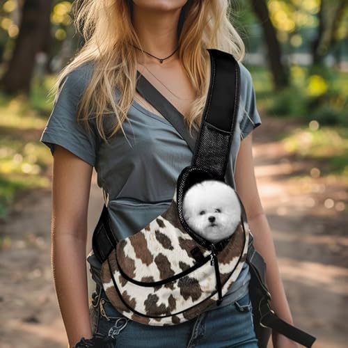 Brown Cow Print Pet Sling Carrier Small Dog Cat Sling Pet Carrier Bag Adjustable Pouch Tote Handbag for Small Pets Comfortable Single Shoulder Carrier for Travel Walk