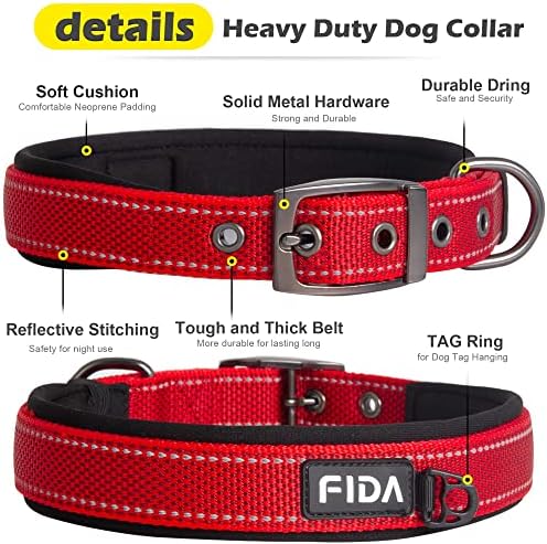 Fida Padded Dog Collar for Small Dogs with Metal Belt Buckle, Red