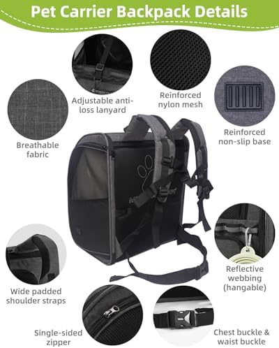 Cat Backpack Carrier with Breathable Mesh, Pet Carrier Backpack for Cats/Small Dogs, Dog Carrier Backpack, Great Ergonomic 3D Design for Travel/Hiking/Outdoor/Vet/Walk-Dark Grey