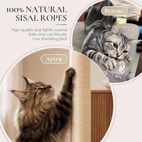 47" Cat Scratching Post, Nature Sisal Rope Cat Scratcher Tree, Durable Scratcher Post with Hanging Ball, Mouse Hole & Ball Track, 3-Layer Stable Wood Base for Large Cats & Adult Cats
