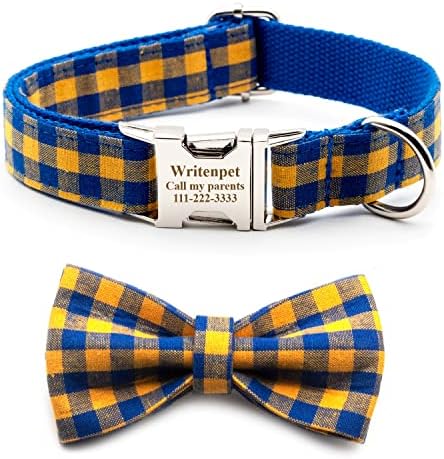 Personalized Dog Collar with Bowtie, Customized Engraving Name Phone Number Address, Adjustable Sizes for Small Medium Large Dogs, Leash Optional (Blue/Yellow Plaid)