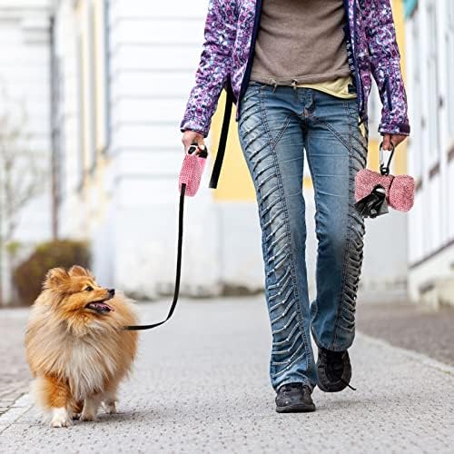 LEIFIDE 2 Pack Rhinestone Retractable Dog Leash and Bag Holder Set Pink Bling Bone Shaped Pet Waste Bags Dispenser with Metal Clip Heavy Duty Dog Leash for Most Puppy