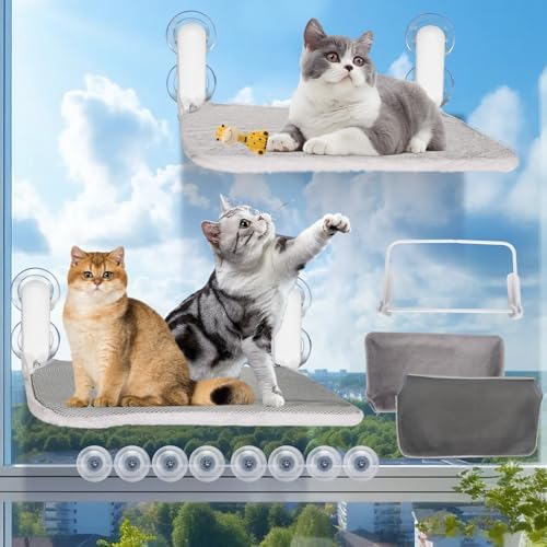 2 Pack Heavy Duty Cat Window Perch,Foldable & Stackable Cat Hammock Bed with 8 Strong Suction Cups,Metal Frame and Reversible Cover,22.8"x20.5" Window Seat for Large Indoor Cats