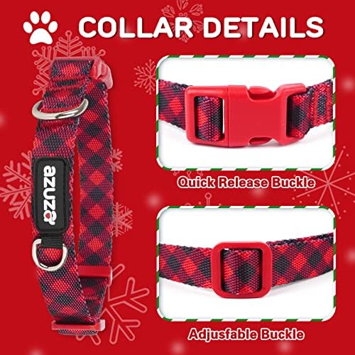 azuza 3 Pack Christmas Nylon Dog Collars Buffalo Check Durable and Comfortable Dog Collars with ID Tag Ring Adjustable for Medium Dogs, M (14-20inch)