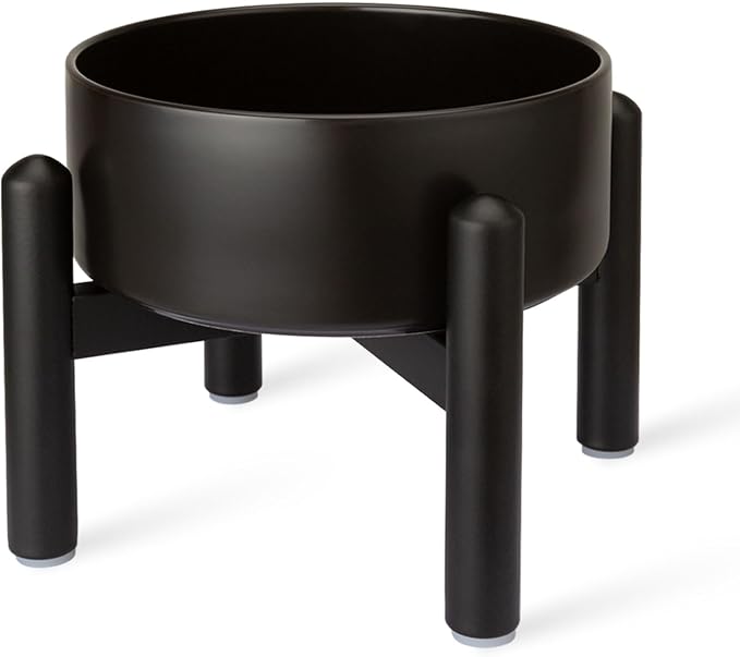 Raised Ceramic Dog Bowl, 6.1'' Modern Feeding Bowl with Non-Slip Stainless Steel Stand, Elevated Food or Water Dish for Small to Medium Dogs, 2 Cups (28.75 fl oz)- Black