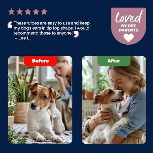 Vetnique Oticbliss Cat & Dog Ear Wipes, Ear Cleaner for Wax, Dirt & Odor