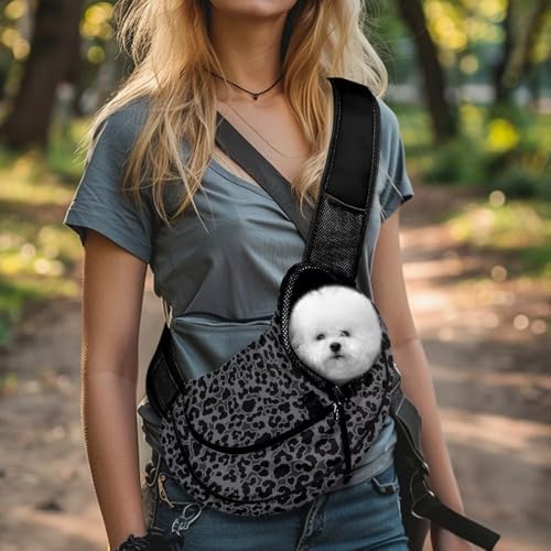 Black Leopard Print Dog Carrier Sling Mesh Dog Slings for Small Dogs Portable Cat Sling for Travel Walk Hiking Adjustable Strap Puppy Carrier Shoulder Bag