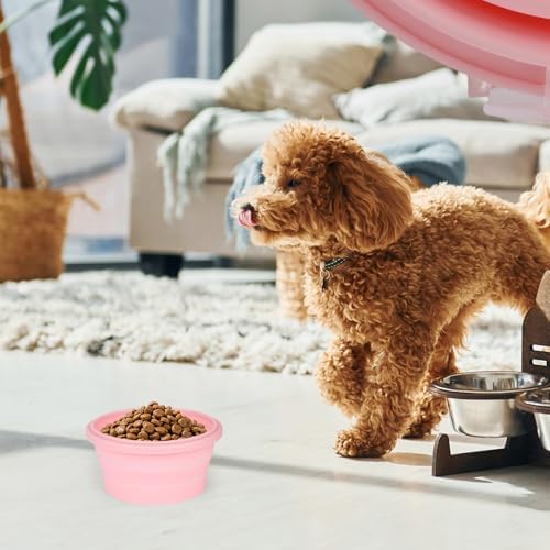 2pcs Collapsible Dog Bowls, Silicone Food & Water Travel Bowl with Lid Portable Expandable Pet Feeding & Drinking Cup/Saucer for Walking, Kennels, and Camping 350ml (Pink)