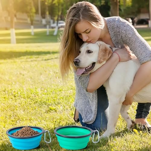 SLSON Dog Bowls Pet Collapsible Bowl with Cover Lids,2 Pack Dog Travel Bowls Portable Foldable Cat Water Dish Bowl for Pets Walking Parking Camping (Light Blue and Green, Medium)