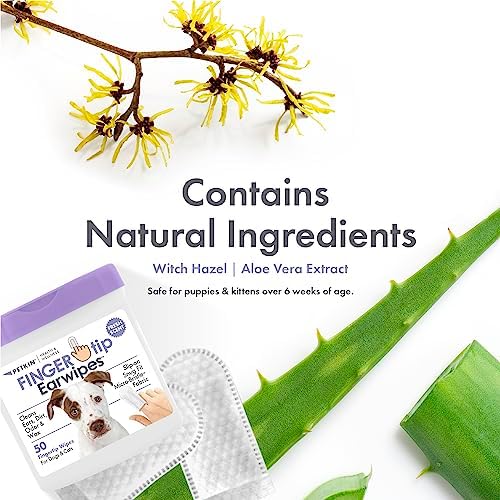 Petkin Fingertip Ear Wipes for Dogs and Cats, 50 Finger Wipes - Slip-On, Snug Fit, Micro-Bristle Fabric - Cleans Ears, Dirt, Odor and Wax - Convenient, Ideal for Home and Travel - Fresh Scent