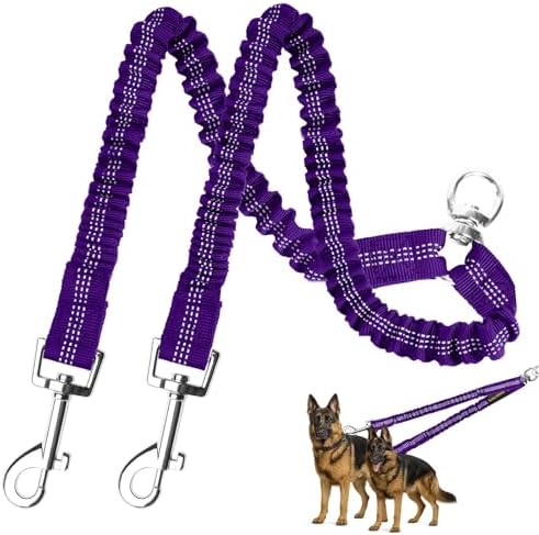 MingXpet 2 Dog Leash, Dog Leash for 2 Dogs, 360° Swivel No Tangle Double Walking Training Leashes for Large Dogs that Pull, Comfortable Shock Absorbing Reflective Bungee, Purple