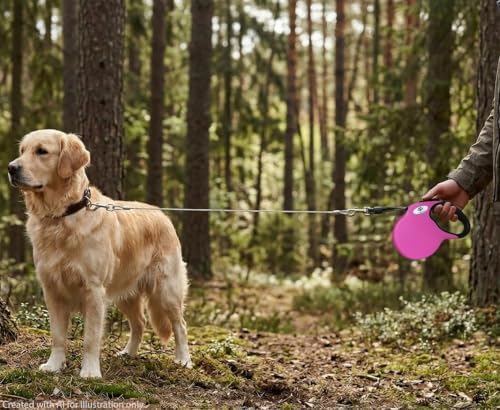 16ft Retractable Dog Leash for Large Breed Dogs up to 110 lbs with a Detachable Chew Proof Extender Wire Ropes (Pink L)