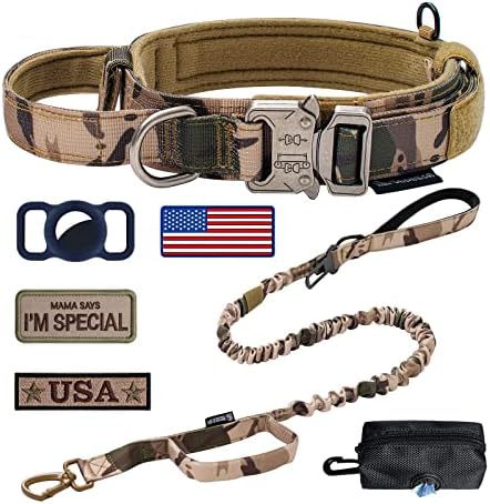 Tactical Dog Collar Adjustable Military Collar: - Nylon K9 Collars with Handle and Heavy Duty Metal Buckle for Medium and Large Dogs with 3 Patches and Airtag Case Holder (XL, Camo-Set)