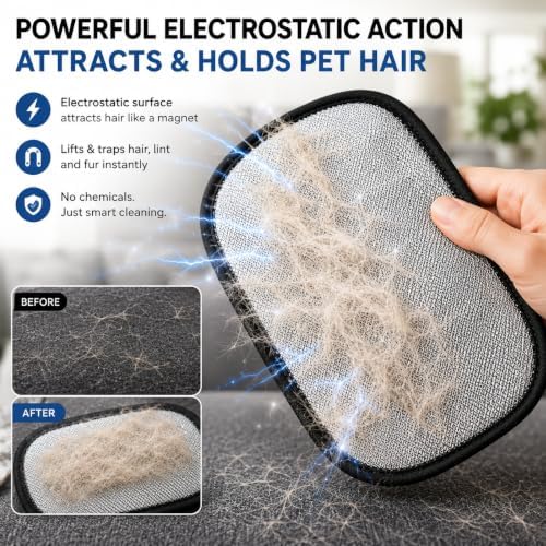 Pet Hair Remover Glove for Dogs & Cats – Cat Hair Remover & Dog Hair Removal Tool, Reusable Electrostatic Grooming Glove for Furniture, Couch, Carpet, Car Seat & Clothes – Easy Pet Hair Cleaning Mitt