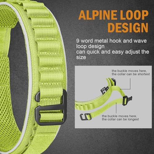 HYDEME Tactical Dog Collar, Alpine Loop Adjustable Military Training Nylon Dog Collars with Handle and Reflective for Small Medium Large Dogs, with Airtags Protective Case & Patches.(M,GrassGreen)