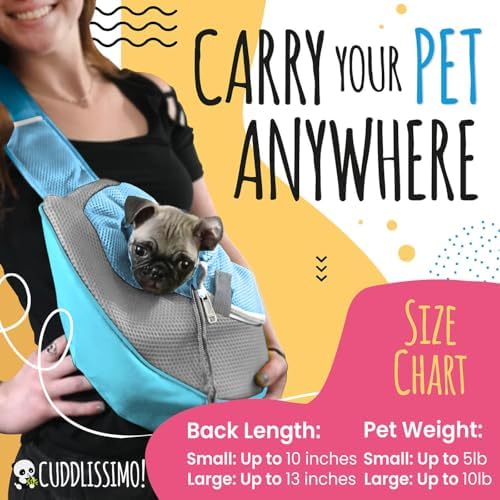 Cuddlissimo Small Dog Sling Carrier, Pet Cat Sling, Puppy Pouch - Blue-S