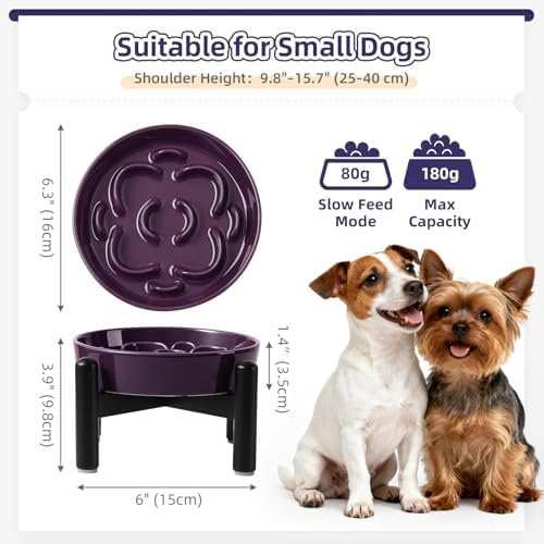 Elevated Slow Feeder Dog Bowl, 0.8 Cups Ceramic Raised Slow Feeder with Stainless Stand, 6.3 Inch Wide Lifted Dog Bowl for Small Breeds to Control Eating Speed, Purple