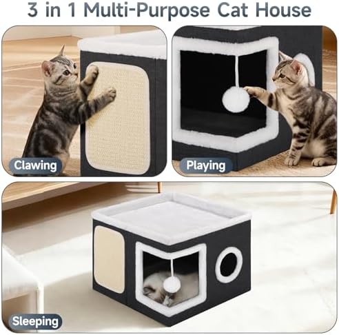 Shikha Cat House Bed for Indoor Cats with Fluffy Ball and Scratch Pad Black
