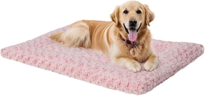 Exsnugy Washable Dog Bed Mat Large Size Fluffy Pet Crate Pad 42x28 XL | Non-Slip Bottom Kennel Beds Ultra Soft Comfy Sleeping Mattress for Large Medium Small Dogs Pink