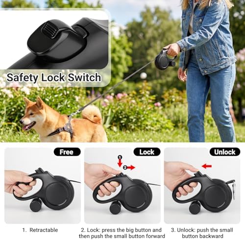 Segarty 16 Ft Retractable Dog Leash with Detachable Poop Bag Holder, 5m Walking Leash for Pets up to 66 Lbs, 360°Tangle-Free Black Dog Lead with Anti-Slip Handle & One-Handed Brake Pause Lock for Dogs