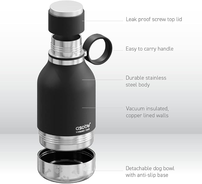 Asobu Buddy Bottle, a Stainless Steel Insulated Water Bottle with Removable Dog Water Bowl and Dog Food and Treat Storage (Midnight Marble, 37 Oz)