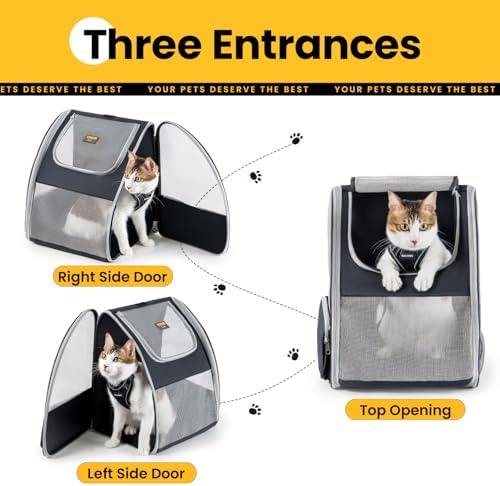 Conlun Cat Backpack Carrier for Small Dogs and Cats Fit Up to 15 Lbs,Small Dog Backpack, Foldable with 3-Side Mesh Windows, Pet Carrier for Travel & Hiking Friendly，Gray