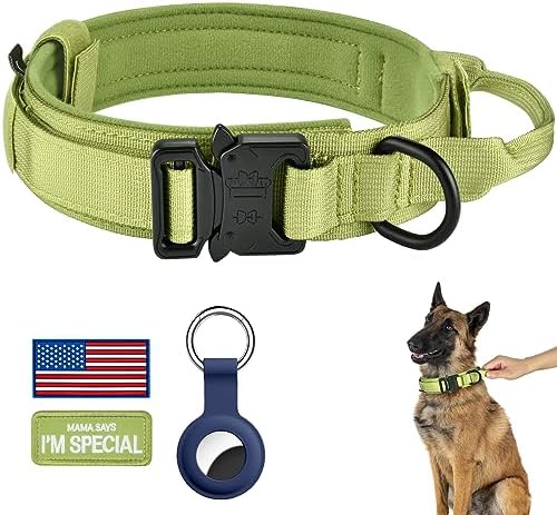 DAGANXI Tactical Dog Collar, Adjustable Military Training Nylon Dog Collar with Control Handle and Heavy Metal Buckle for Medium and Large Dogs, with Patches and Airtags Case (M, Spring Grass)