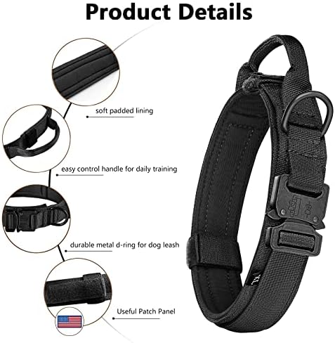 DAGANXI Tactical Dog Collar Leash Set, Adjustable Military Training Nylon Dog Collar with Controll Handle and Heavy Metal Buckle for Medium and Large Dogs，with Patches and Airtags Case (M, Black-Set)