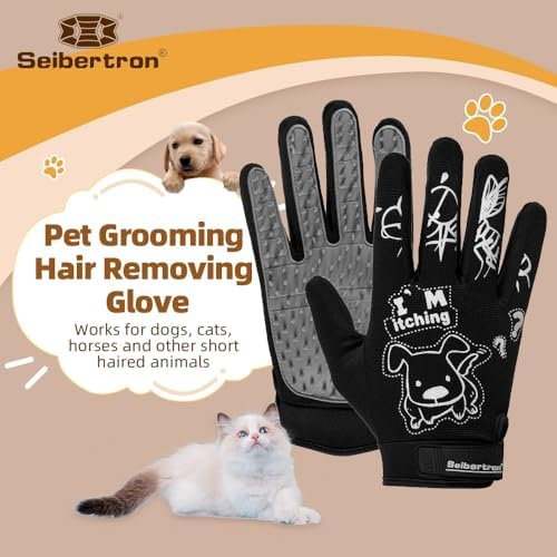 Seibertron Patented P.G.M.G-1 Pet Hair Remover/Deshedding Grooming Gloves Seven Sizes Fit All Works for Dogs, Horses, Cats and Other Animals Short Fur(1-Pair) Adult Black XXS