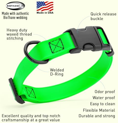Dogline Biothane Waterproof Dog Collar with Quick Release Buckle Strong Coated Nylon Webbing with Odor- Proof for Easy Care Easy to Clean Fits Small Medium Large Dogs, Lime Green 3/4" W 12-19" L