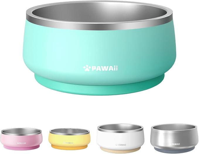 Pawaii Dog Bowl,34 oz Stainless Steel Food and Water Bowl,ID Tag,1 Pack | Double-Wall Design,Non-Slip Rubber Base,Dishwasher Safe,Smooth Open Design, Not a Slow Feeder,Easy-Rinse Interior