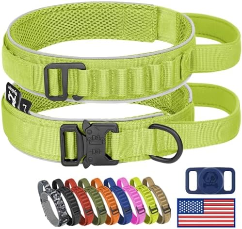 HYDEME Tactical Dog Collar, Alpine Loop Adjustable Military Training Nylon Dog Collars with Handle and Reflective for Small Medium Large Dogs, with Airtags Protective Case & Patches.(L,GrassGreen)