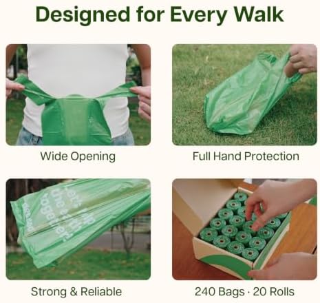 Deo Doo Dog Poop Bags with Handles, 240 Count Large Size, Extra Thick and Leak Proof Refill Rolls for Doggie Waste, Easy Tie and Cleanup, Unscented