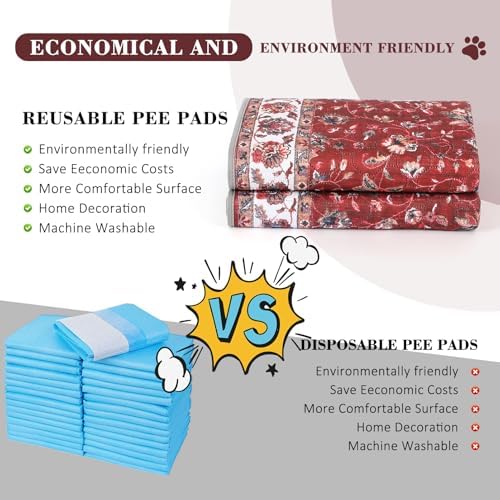 Washable Pee Pads for Dogs, 2 Pack Reusable Puppy Pads Absorbent Training Pads for Dogs Waterproof Dog Mat Non-Slip Whelping Pet Mat (Red/Flower, 36“×41”-2Pack)