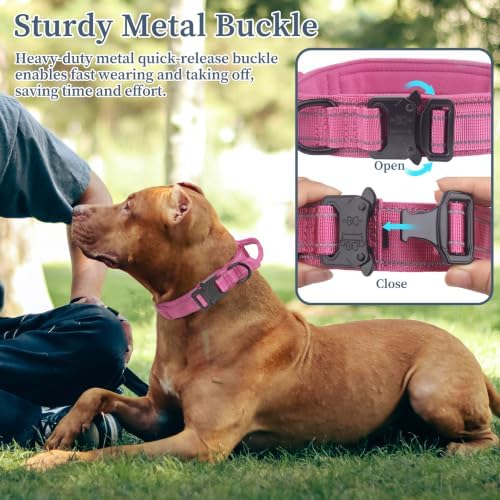 Tactical Dog Collar Military Adjustable Pet Collar with Control Handle, Reflective Heavy‑Duty Metal Buckle, Soft Padded Nylon Training Collar for Medium Large Dogs (Yellow, Large)