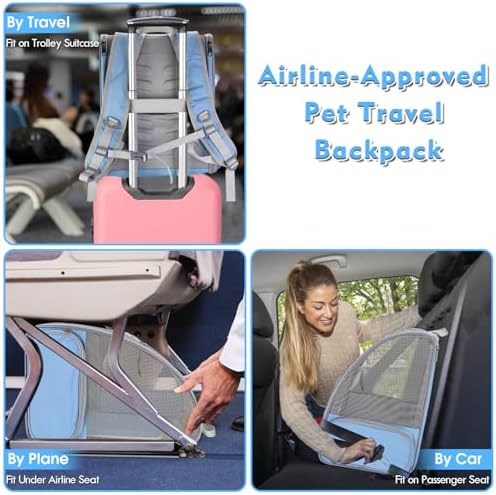 Cat Backpack Carrier, Large Pet Backpack with Kitten Wand Feather Toy for Medium Small Dog Cat Puppy Kitty Bunny up to 15lbs, Ventilated Mesh Dog Travel Carrier for Hiking Walking Outdoor Use (Blue)