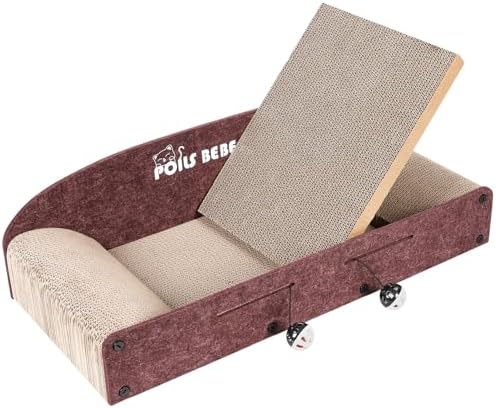 Poils Bebe 26 Inch Sofa Cat Scratcher, Small Cat Scratcher Cardboard with Bell Balls, Durable Couch Lounger for Indoor Cats, Cat Scratch Furniture Protector with Catnip, Cat Toys