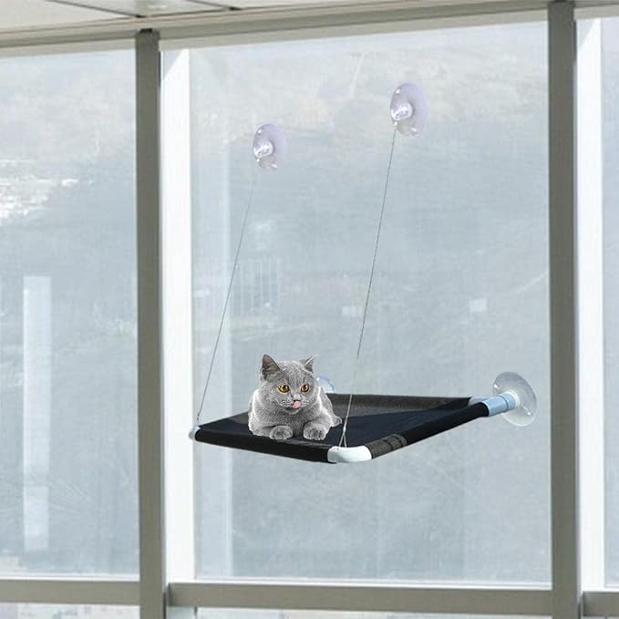 Cat Hammock Window Seat Mesh Shelf Indoor Cat Perch Rugged Hanging Bed Removable Quick Sturdy Suction Cups Suitable for Window Use, Black