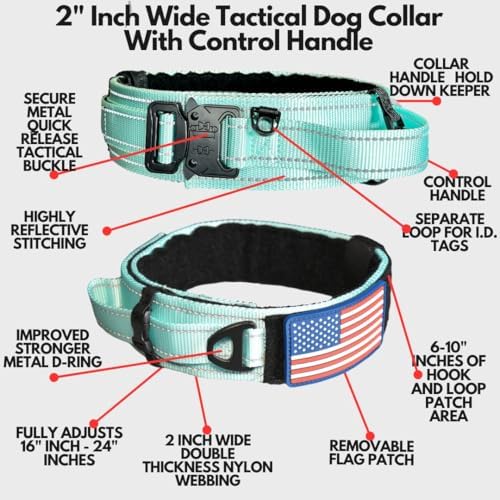 2-Inch Wide Tactical Dog Collar with Control Handle, Adjustable for Medium & Large Dogs, Military Style with Heavy-Duty Metal Buckle, USA Flag Patch & Customizable Name Plate, Training & Everyday Use