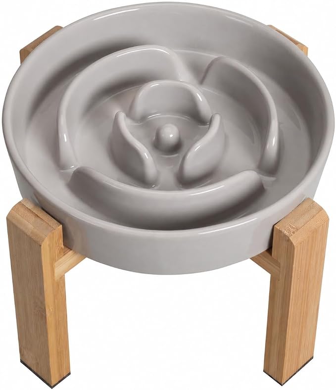 Elevated Slow Feeder Dog Bowl Large Breed, 8.8 Inch Ceramic Slow Eating Bowl with Bamboo Stand, Anti-Choking Raised Maze Design for Medium to Large Dogs, 3.2 Cup, Grey