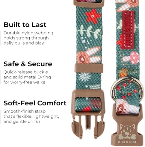 KIKI & RIKI Soft Nylon Dog Collar for Medium Dogs, Adjustable, Quick-Release Buckle, Size M (Neck 13.0-20.9"), Green Artist-Designed Print