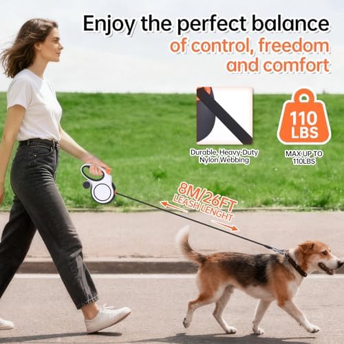 26Ft Heavy Duty Retractable Dog Leash with Dispenser and Poop Bags, for Small, Medium & Large Dogs Up to 110Lbs, 360° Tangle-Free Design and a Durable Chrome Plated Hook