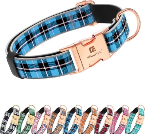 Reflective Plaid Dog Collar for Large Dogs, Blue-L