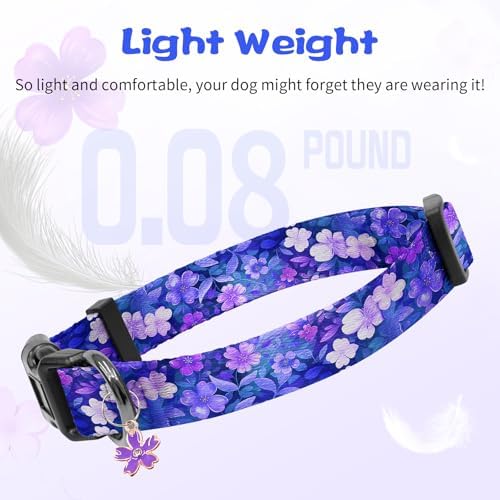 Kazazoo Dog Collar Cute and Soft Nylon Puppy Collar Girl Dogs, Adjustable Purple Dog Collars for Large Dogs, Purple Flowers-L
