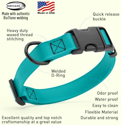 Dogline Biothane Waterproof Dog Collar with Quick Release Buckle Strong Coated Nylon Webbing with Odor- Proof for Easy Care Easy to Clean Fits Small Medium or Large Dogs, Teal 3/4" W 12-19" L