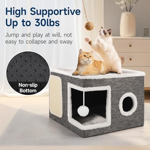 Shikha Cat House Bed for Indoor Cats with Fluffy Ball and Scratch Pad Grey