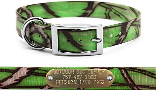 Heavy Duty Waterproof D-Ring Dog Collar w Custom Name Tag, Green Camo 21"