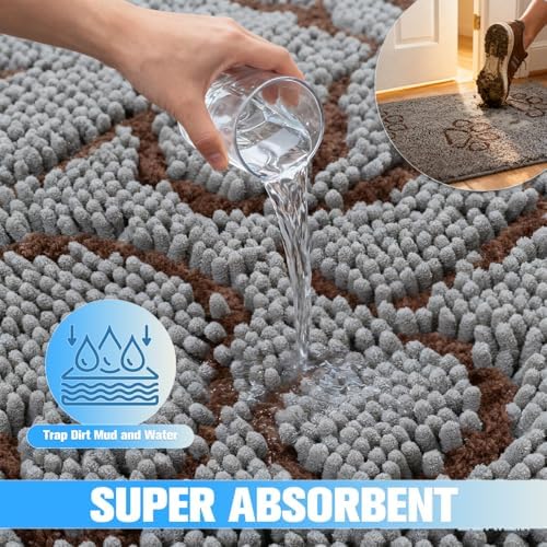 EXPAWLORER Dog Door Mat for Muddy Paws - Highly Absorbent Microfiber Pet Rug, Quick Dry Chenille Dog Runner Rug Indoor Outdoor, Non-Slip Entryway Carpet Washable Mud Mat for Dogs, Grey 36"x24"
