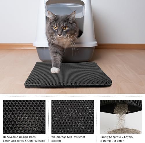 Cat Litter Mat - 24x15 Waterproof Litter Box Mat with Dual-Layer Honeycomb Design for Trapping Litter - Slip-Resistant Cat Mat by PETMAKER (Black) (Pack of 2)